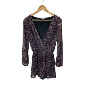 Express Romper Women's Size XS Black Pink V-Neck Long Sleeve